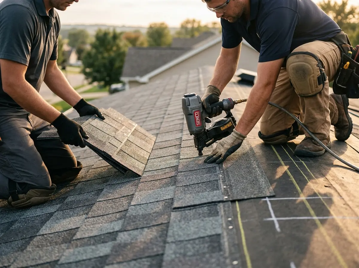Professional roofer working on a residential roof in Katy